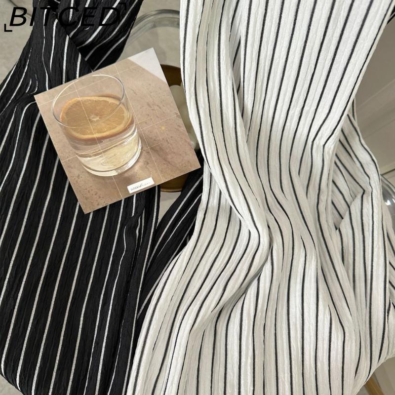 BITCED Women's Wide-Leg Trousers - Spring/Autumn Slimming High-Waisted Drapey Vertical Stripe Casual Trousers