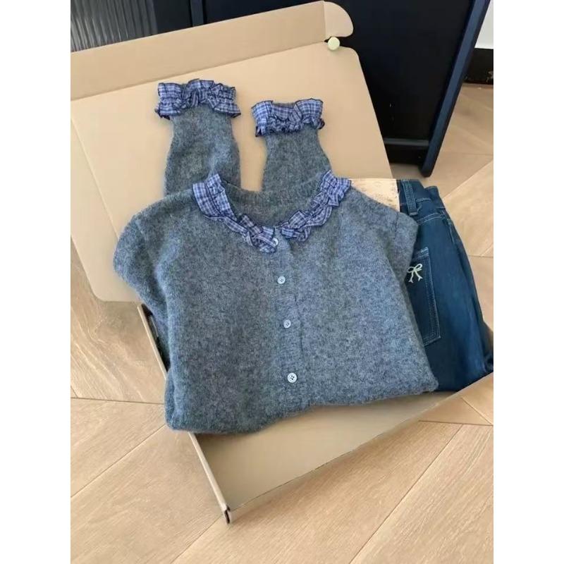 

Sweet contrasting color plaid splicing knitted sweater women s clothing autumn retro temperament small fashion thin sweater One Size