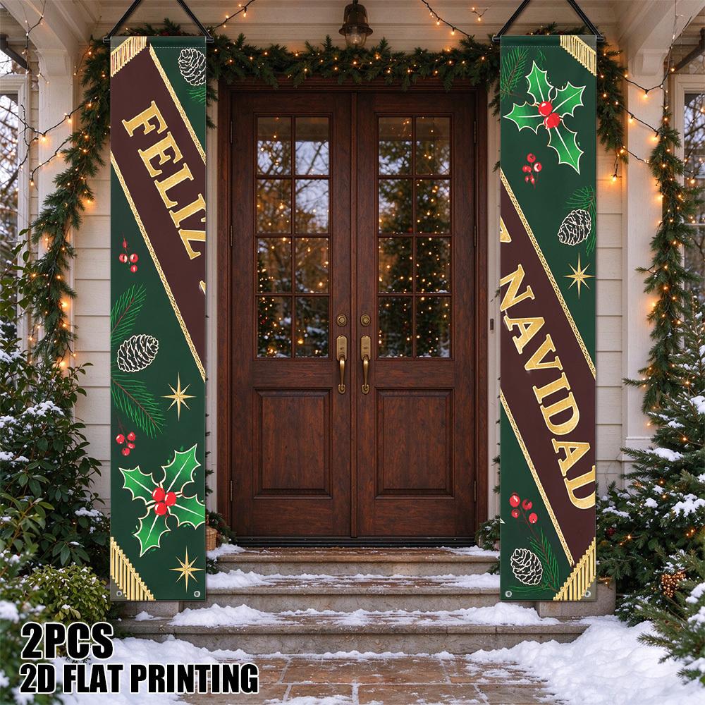 2D Flat, 2D Flat - 2D Flat, 2D Flat - 2D Flat Printing 2pcs Christmas Holly Pinecone Festive Porch Door Frame Couple Banners, Festive Party Atmosphere