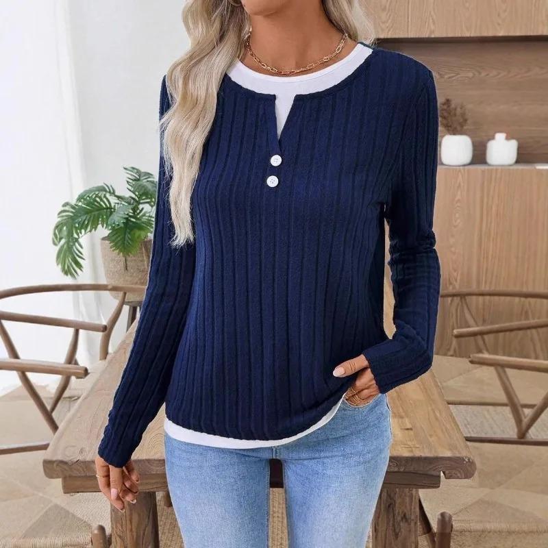 Button Pullover Grinding Contrast Color Slim Long-sleeved T-shirt Autumn Winter New Product for Women Fake Two-piece Round Neck