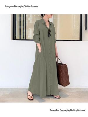 2026 European Cotton Linen Long Sleeve Lapel Shirt Dress with Patch Pocket – Casual, Loose Fit