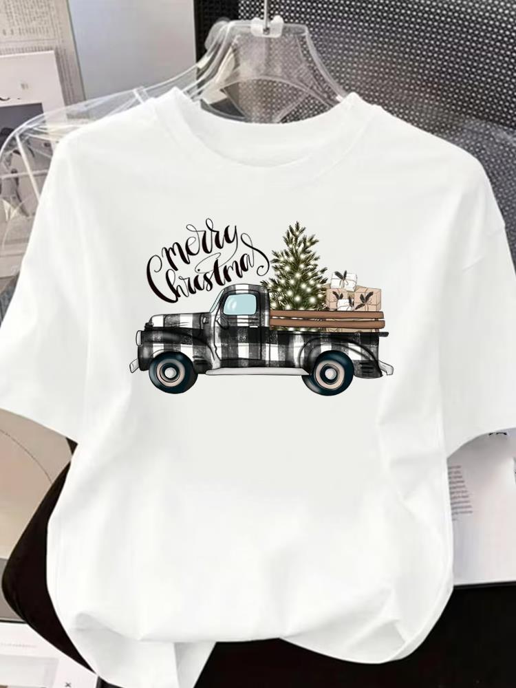 (Asian Size) letter sweet O-neck T Shirt Short Sleeve T-shirts Merry Christmas Fashion Women's Top Print Casual New Year Clothing Graphic Tee