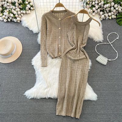 Spring Autumn Brand Designer Runway Outfits Women Knitted Sweater Midi Sheath Dress and Single Breasted Jacket Coat Two Piece Set