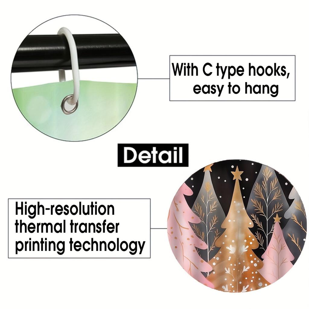 4Pcs Bathroom Shower Curtain Set Pink Christmas Tree Pattern Bathroom Curtain With 12 Hooks Non Slip Rugs Toilet Cover Mat Bathroom Partition