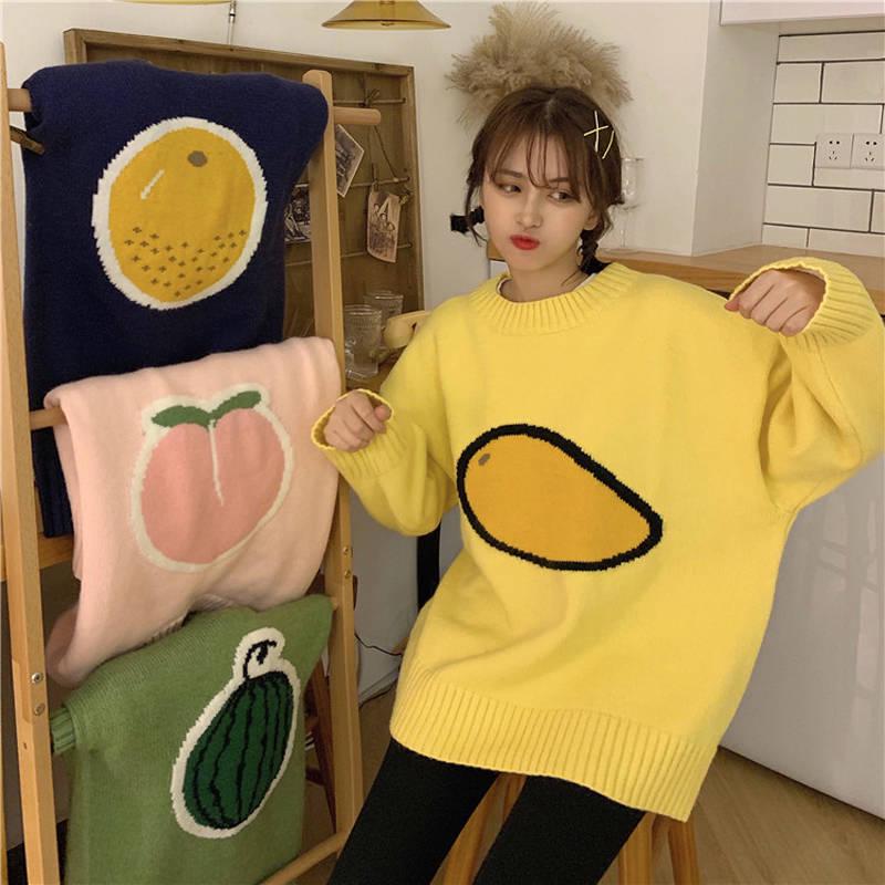 Pofulove Autumn Winter Fun Fruit Jacquard Sweater Loose Thick Long Sleeved Pullover Sweater Women