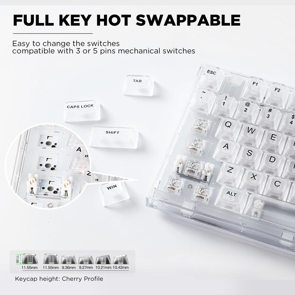 YUNZII X75 Hot-Swap Mechanical Keyboard with Clear Keycaps, Gasketed 75 Keys, RGB Backlit, WindowsMac Compatible (Crystal White Switches, White Wired)