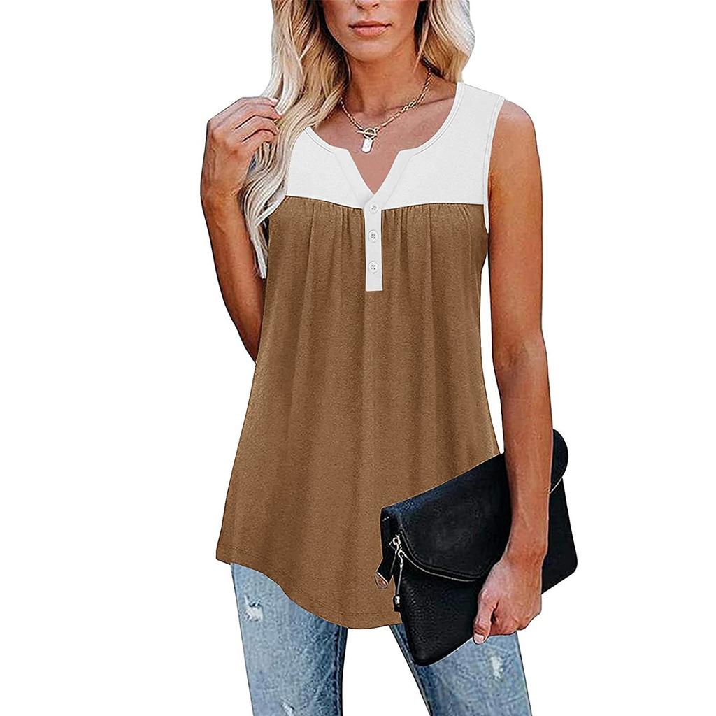 Fashion Womens Summer V-neck Sleeveless Patchwork Tops Ruffle Loose Tunic Blouse