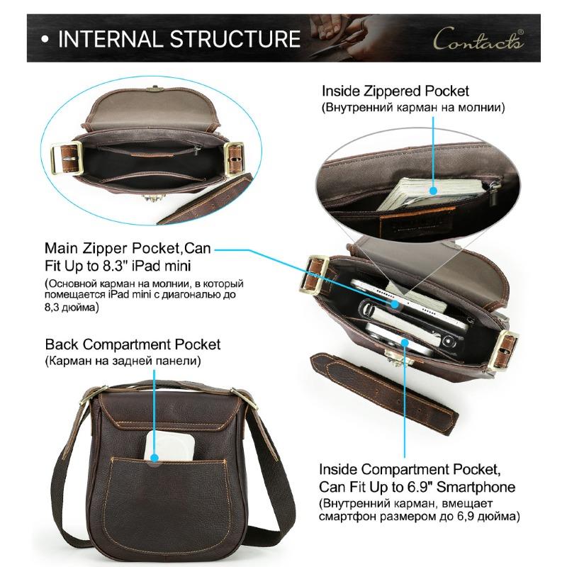 Men Top Grain Crazy Horse Leather Crossbody Bag Multi-Zipper Pockets Vintage Texture