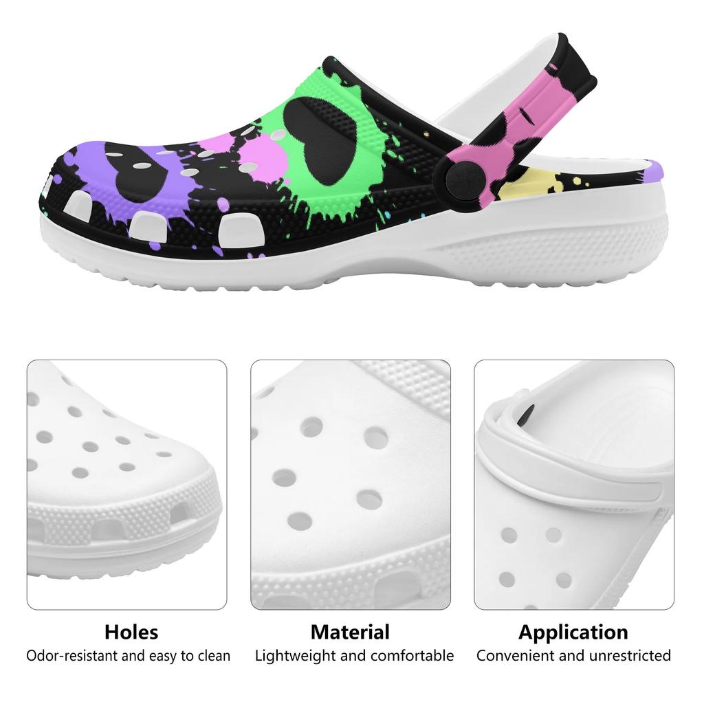 White EVA Clogs with Neon Cross Print, Lightweight Slip On Garden Shoes, Breathable Beach Sandals, Indoor Outdoor Slippers for Men Women