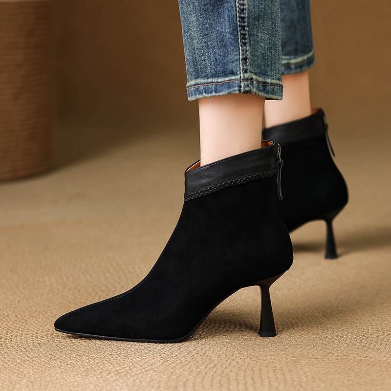 Krazing Pot Sheep Suede Autumn Winter Shoes Stiletto Thin High Heels Big Size 40 Modern Boots Pointed Toe Keep Warm Zip Ankle Boots