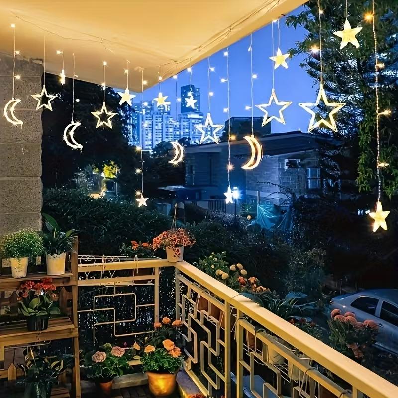 USB & Battery Operated Star Moon Curtain String Lights, Warm White & Multicolor LED Fairy Hanging Lights for Bedroom, Christmas, New Year Indoor Decor