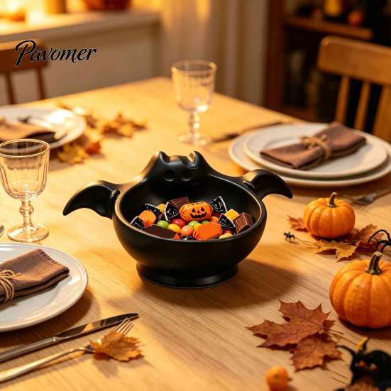 Festive Home Party Decor Halloween Candy Bowl, Bat Shape Ceramic Serving Dish, Cute Ghost Shaped Snack Holder Tabletop Decoration for Snacks