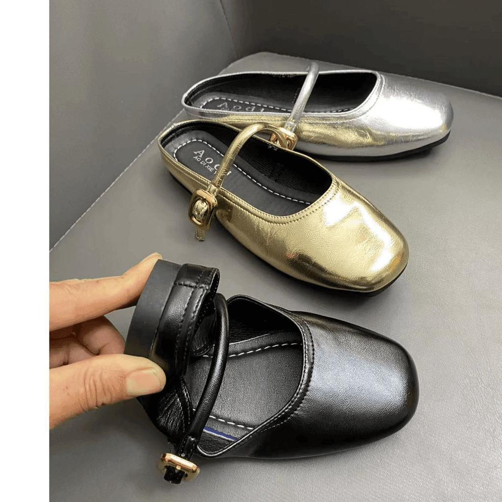 Shallow Doudou Grandma Mary Jane Shoes Children's 2025 Summer and Autumn New Flat Bottom Square Head Silver French Baotou Drag