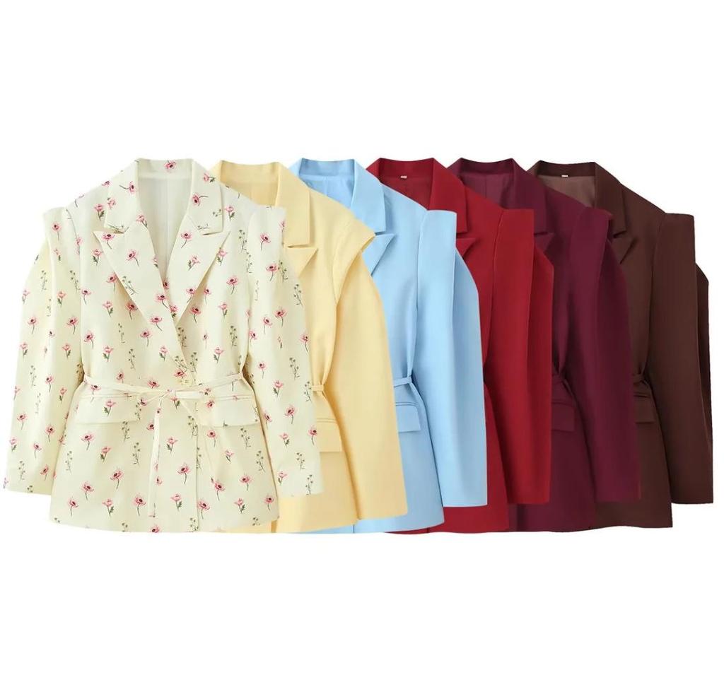 Women's Fashion Padded Shoulder Suit Jacket with Tie-Waist