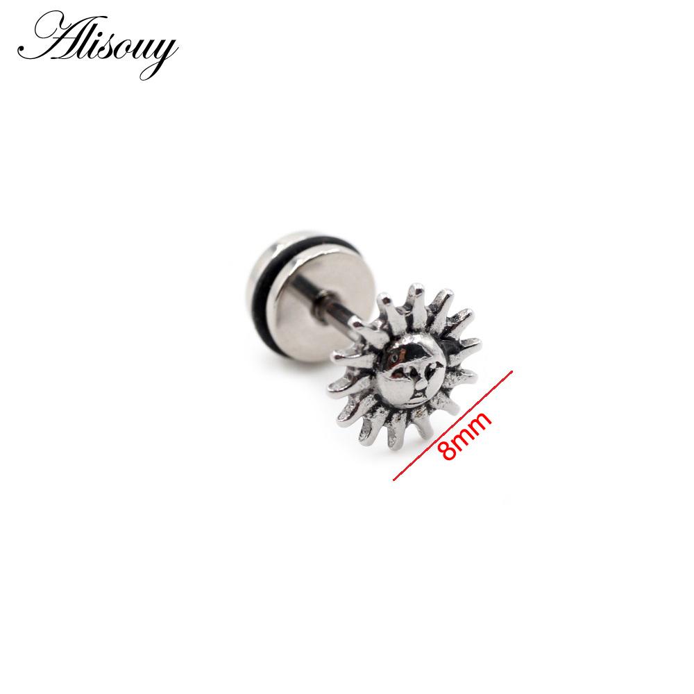 Alisouy 2pcs Stainless Steel Dolphin Lizard Sun Moon Cross CZ Women Men Ear Stud Earring Tragus Helix Cartilage Piercing Jewelry