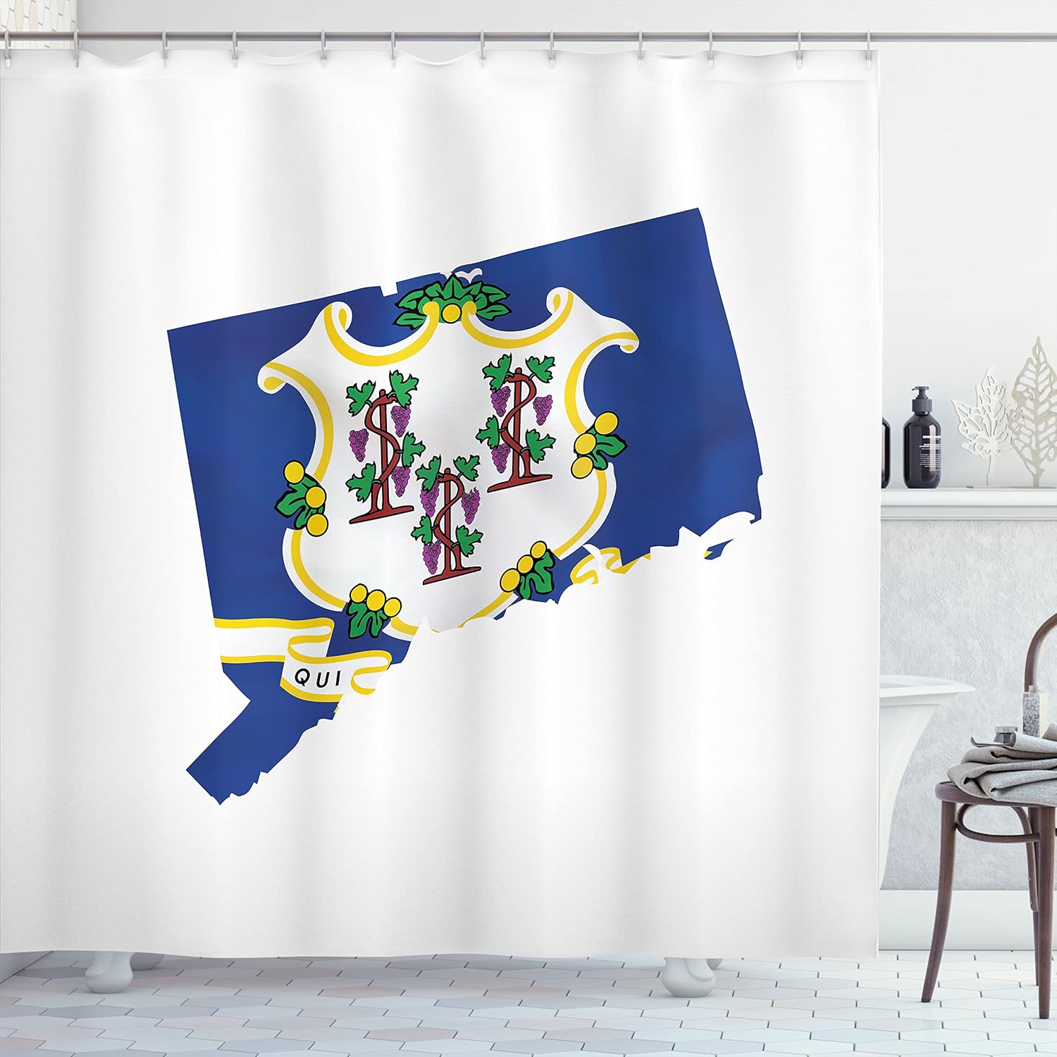 

Connecticut State Flag Shower Curtain Usa Map Design Blue White Emblem Grape Pattern Bathroom Decor Waterproof Fabric Patriotic W60H190(CM)-1 Pcs
