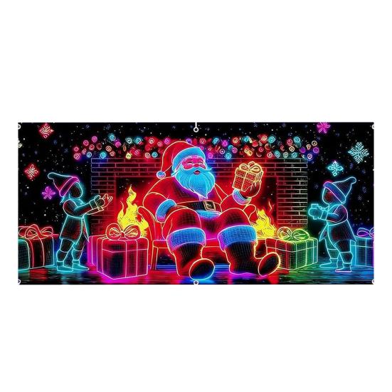 UV-aktivert julegarasjeportdeksel Fluorescerende 2D Flatt juleportbanner Opplyst høytidskartoonbakgrunn for jul Innendørs utendørs veggdekor