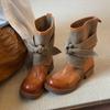 Cowhide Texture Color Matching Stacking Boots Autumn New Thick Heel Strap Short Boots Women's Round Head Retro Western Cowboy Boots Tide