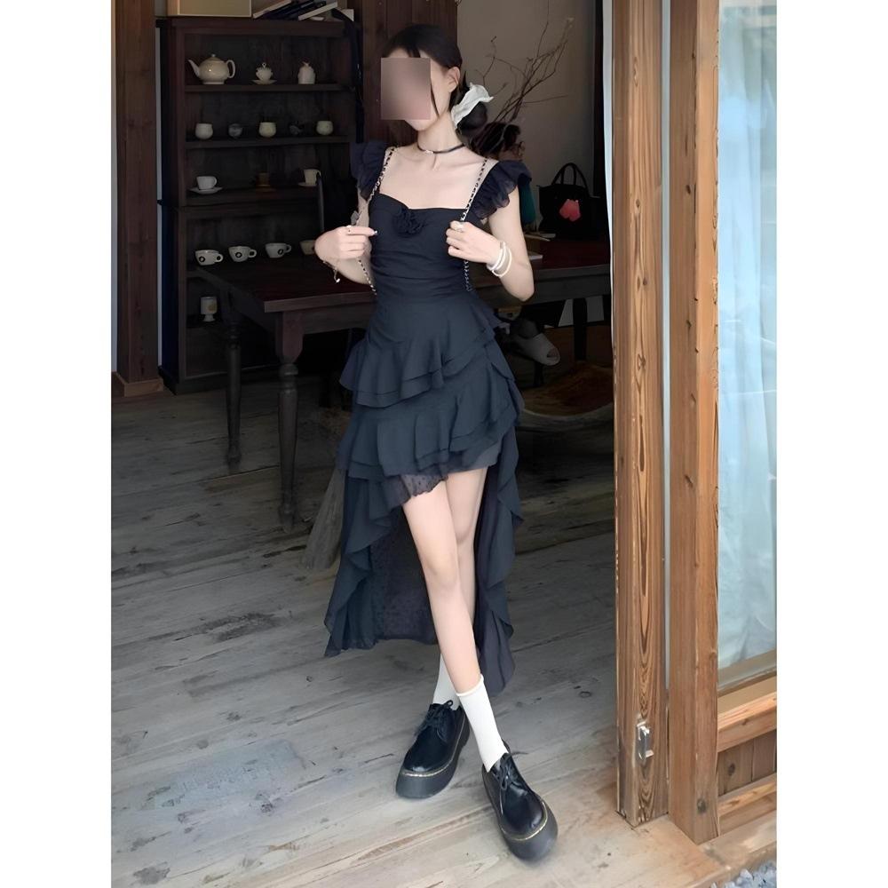 French Temperament Atmosphere Sleeveless Rose Suspender Dress Women's Summer Ruffle Edge Irregular Trailing Long Dress