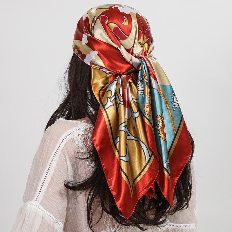 

Satin Silk Square Scarf Women High Quality Shawl Flower Neckerchief Ladies Headband Hair Bands Print Foulard Hijab Wraps Bandana 90x90cm бордовий