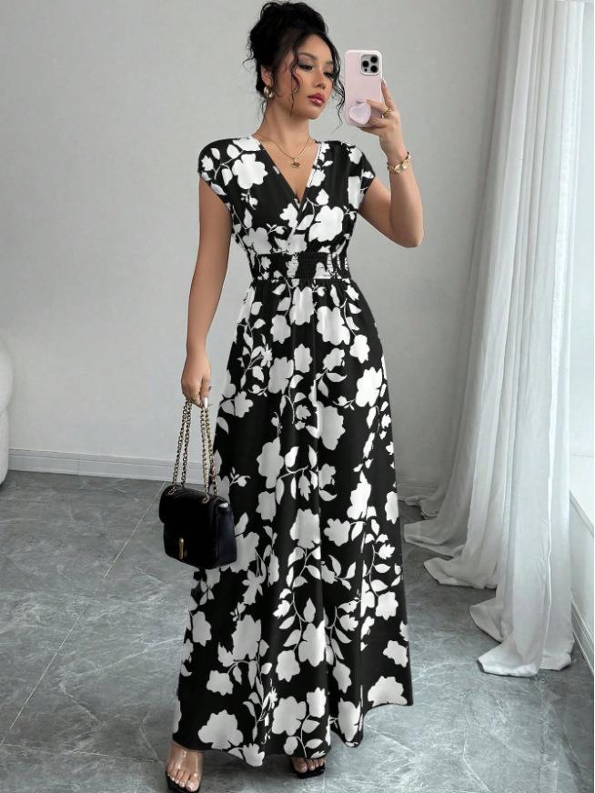 Europäisches und Amerikanisches V-Ausschnitt Taillenbetontes Kurzarmkleid - Frühling/Sommer Druck Langes Kleid für Damen