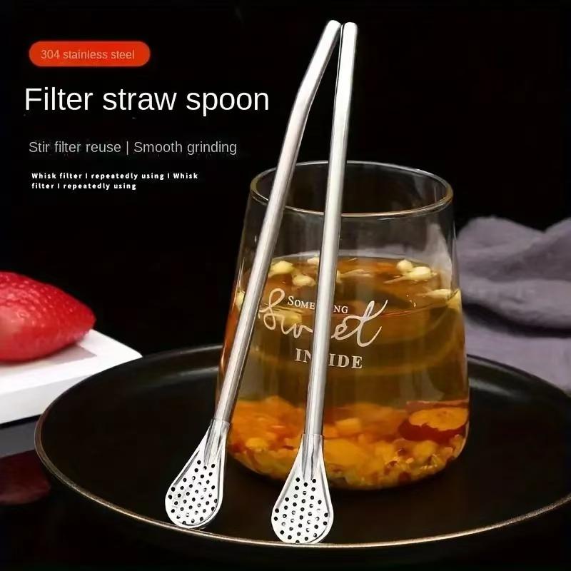 2in1 Stainless Steel Drinking Straw Spoon Yerba Mate Tea Filter Reusable Easy Cleaning Bombilla Gourd Bar Accessories with Brush