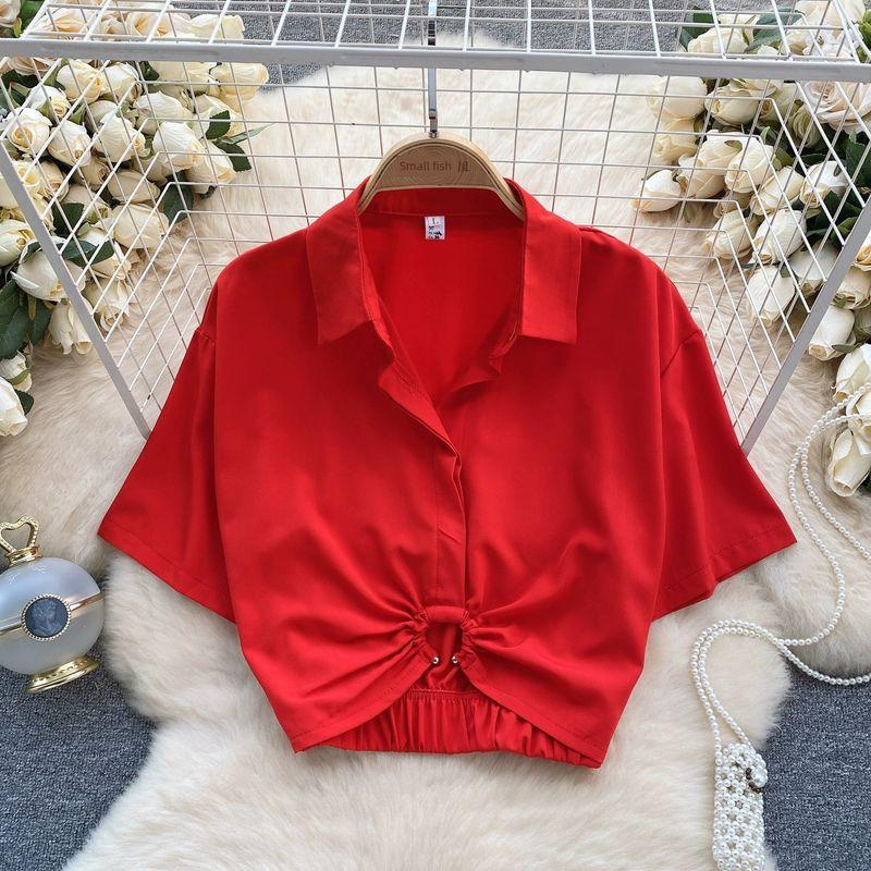 

Younger Bare Midriff Slim Fit Easiest for Match Trendy Short Sleeve Shirt Red M