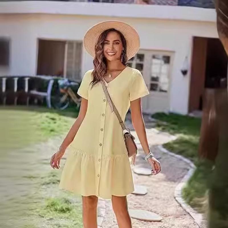 Women's Summer Cotton Linen Dress, Loose Button Down V Neck Short Sleeve Ruffle Hem Casual Dress with Pockets