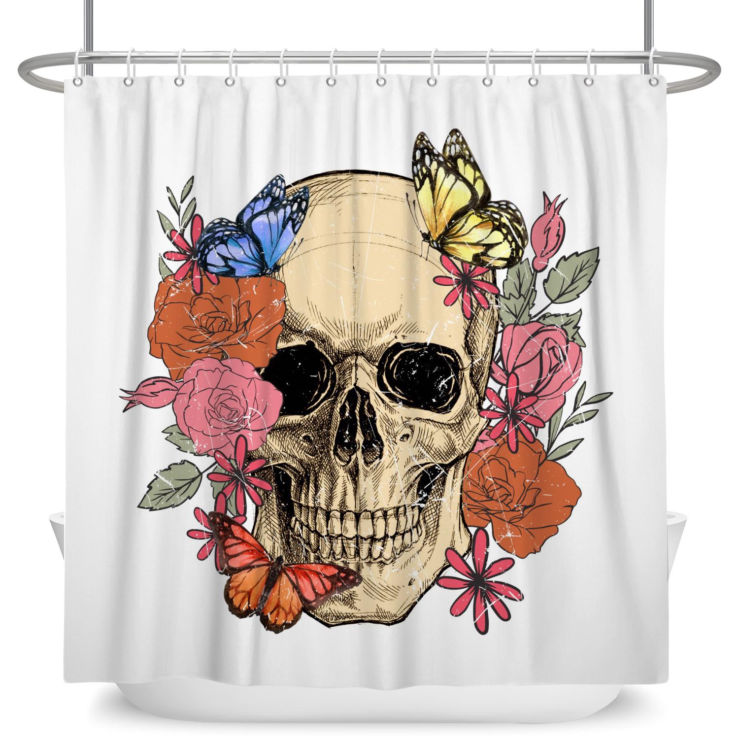 

Hippie Style Flowers Skull Shower Curtain Waterproof Polyester Fabric Home Bathroom Decoration Multi-Size Curtain With 12 Hooks W60H190(CM)-1 Pcs