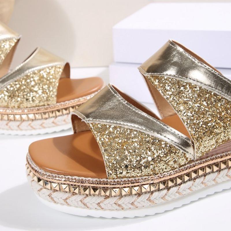 Pantofi Stil Nou Papuci cu Un Umăr Mărimi Mari cu Toc Pană Sandale de Damă cu Talpă Groasă