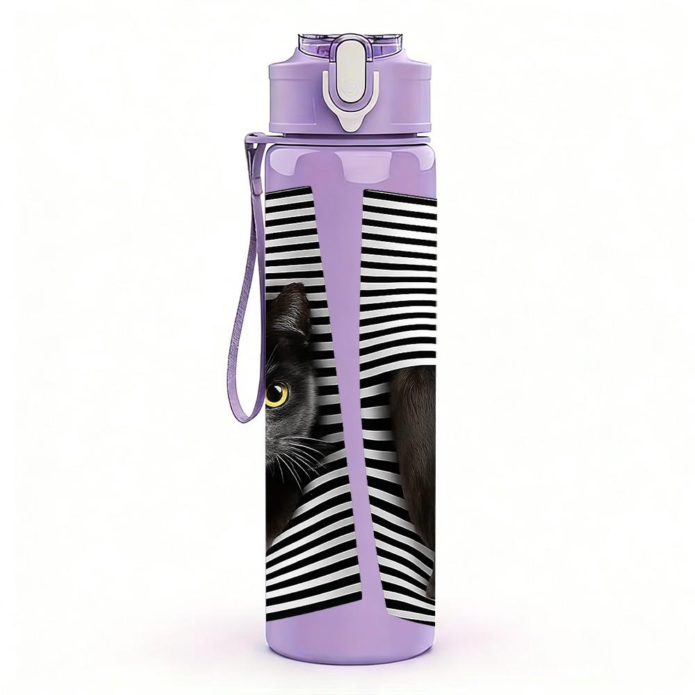 1PC Black Cat Stripe Background Print 750ml Color Plastic Sports Water Bottle Leakproof Flip Straw Lid Suitable for Sports Office Home Use