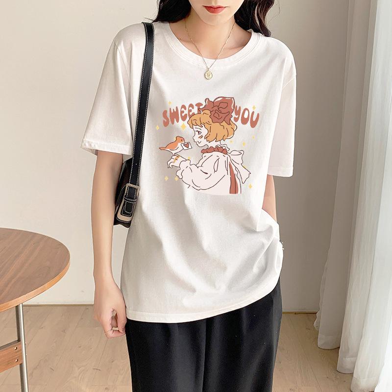 Women's Casual Short Sleeve T-Shirt Cute Cartoon Bear Print Loose Crew Neck Summer Basic Tee Top