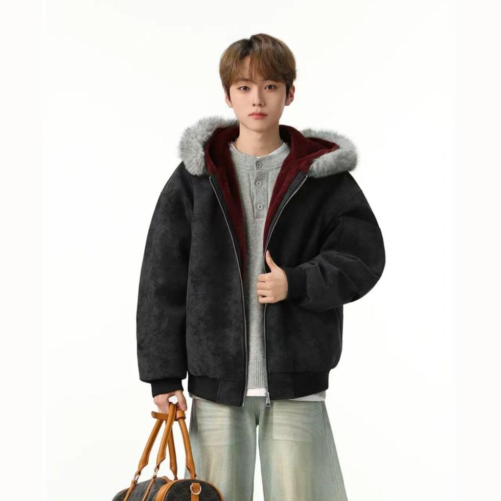 Unisex Double-Sided Wear Snow Eagle Fur Collar Hooded Jacket - Warm Cotton Autumn/Winter Plus Velvet Couples Design