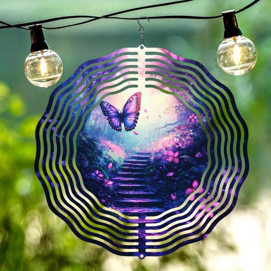 Metal Butterfly Wind Spinner 2D Kinetic Garden Decor with Colorful Flowers and Leaves for Outdoor Patio Yard Backyard Decoration