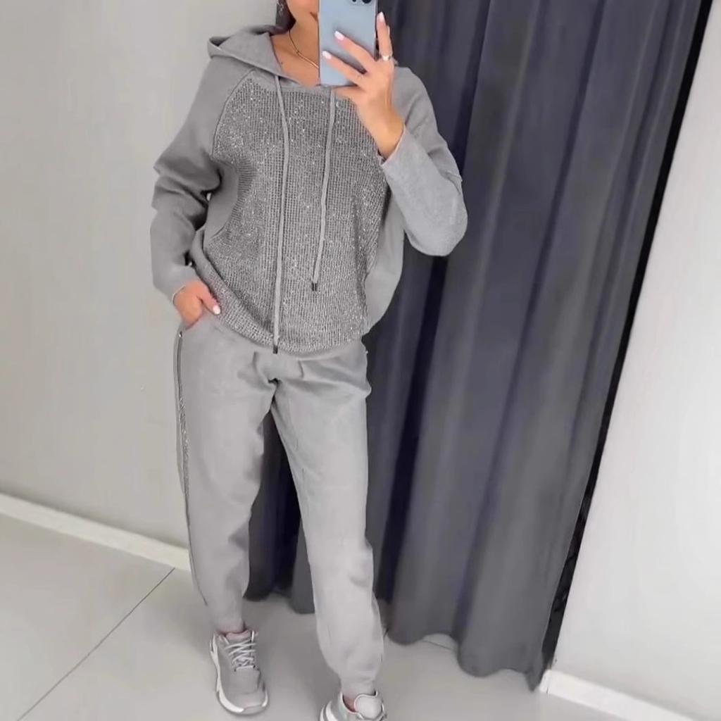Women's Sets Plus Size Solid Color Long Sleeves with Pockets Rhinestone Hooded Sweatshirt Trousers 2 Piece Set