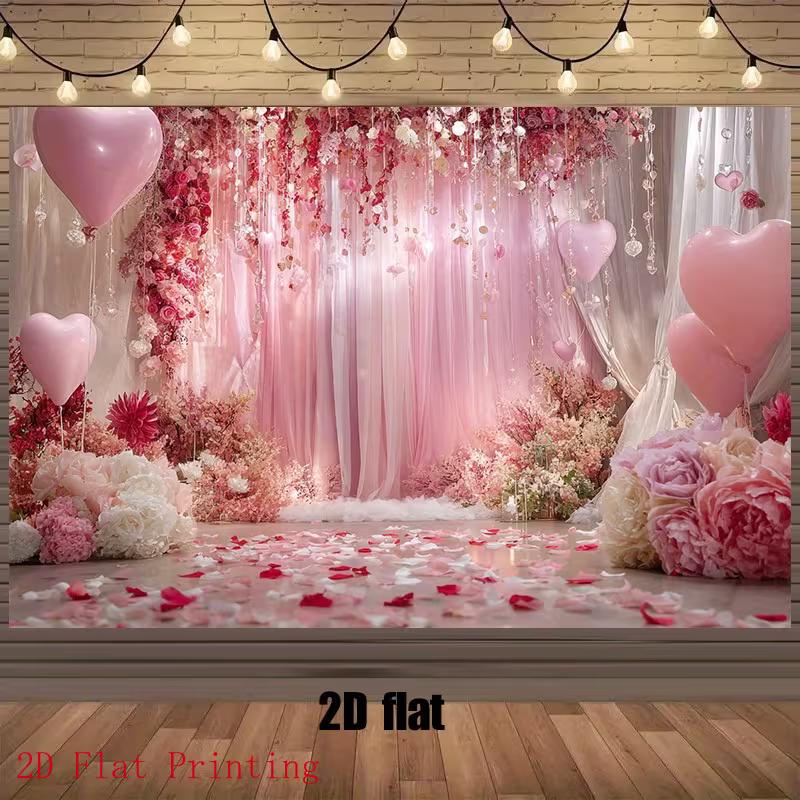 

2D Flat Pink Love Party Backdrop Tulle Curtains & Rose Petals Engagement Background 47.2x31.5inch/120*80cm