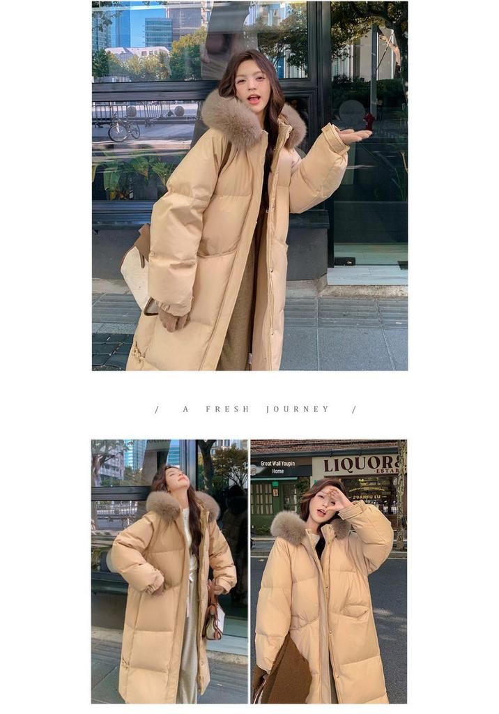 Women's Knee-Length Down Jacket with Large Fur Collar - Loose, Thick, Winter Coat 2026