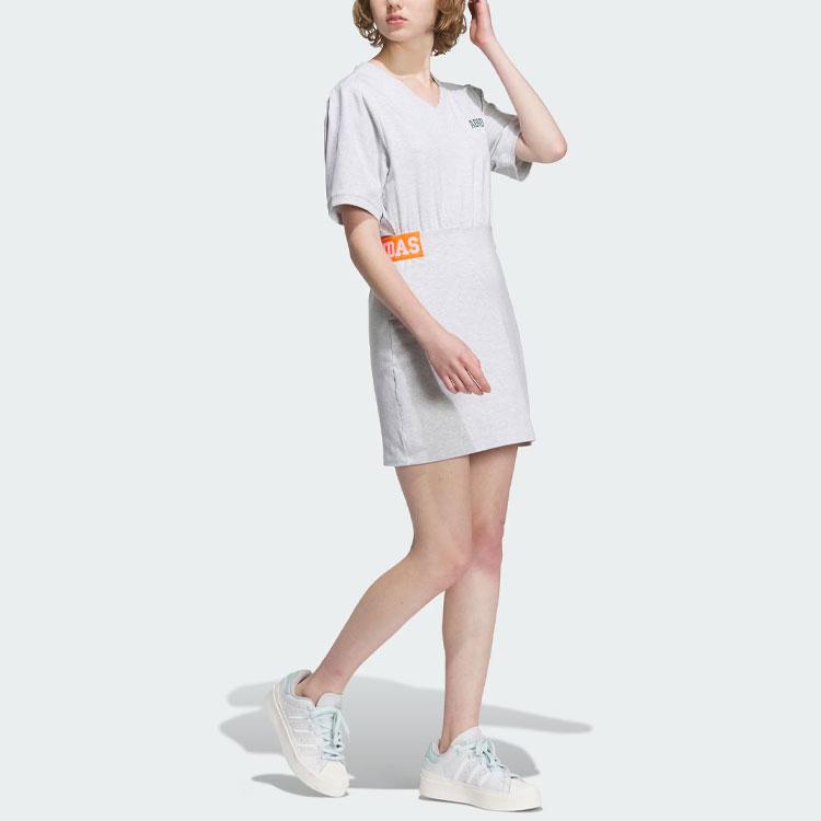 Adidas Originals Collegiate Dress Letter Logo Print Slim Fit Color Block Sports College Style Short Sleeve Dress Women Dresses Light-Gray IU4771