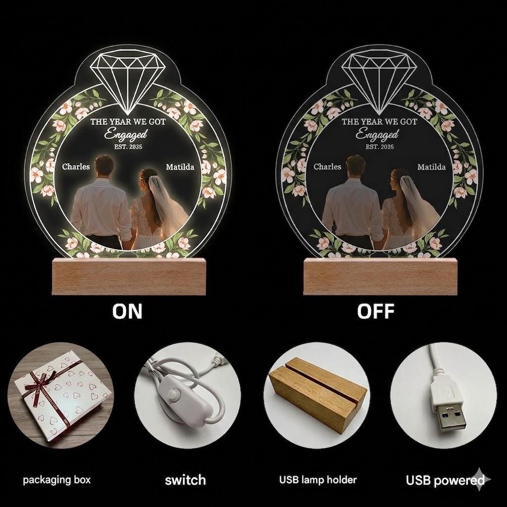 Personalized Picture Frame Custom Photo Acrylic Plaque 3 Color Light Solid Wood Base Desktop Decor Anniversary Remembrance Gift