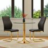 Collection de Tables et Chaises: Diamètre 85 cm, Table Ronde en Verre Trempé Légèrement Luxueuse avec Support en Métal Doré, Assortie à 2 Chaises de Salle à Manger Noir-Or.