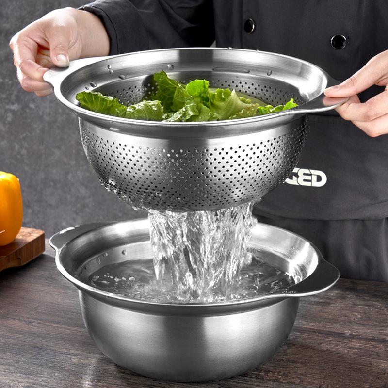 Stainless Steel Drain Basket Fruit Vegetable Washing Basin Rice Sieve Filter Kitchen Salad Egg Mixing Bowls Drainer Container