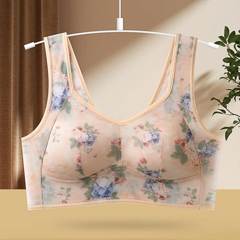 Middle-aged and Elderly Large Size Bra Gathered Comfortable Mesh Back One-piece Fixed Cup Without Steel Ring Underwear