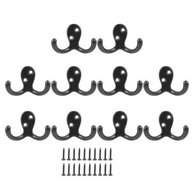 10pcs Black Double Prong Coat Hooks Wall Mounted Retro High Durability Zinc Alloy Wall Hooks for Bathroom Kitchen