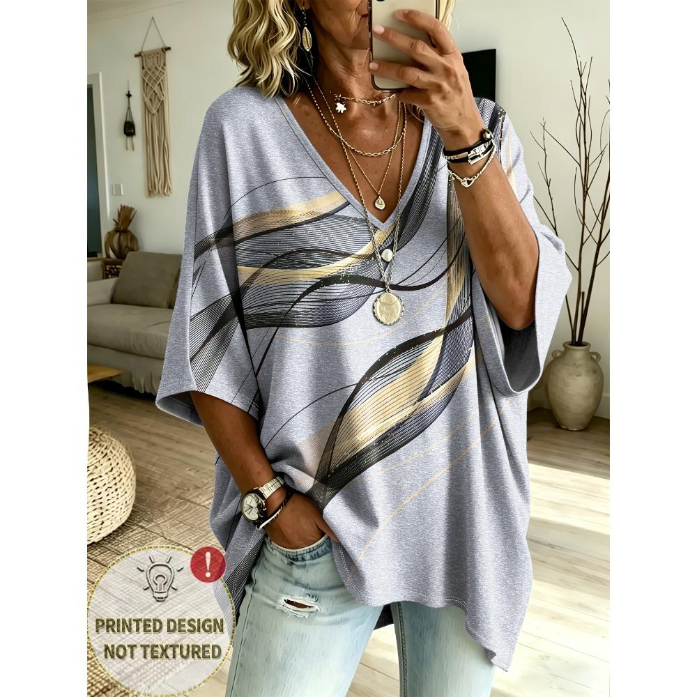 Women's Large Size V-neck Top, Elegant and Comfortable, Simple Pattern Print Large Size Women's V-neck T-shirt