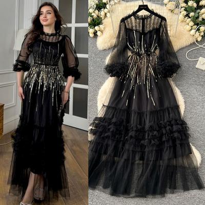 Hochwertiges Damenkleid 2025 Paillettenbestickt Dreidimensionales Spitzengewebe Langärmliges Taillenkleid Rock