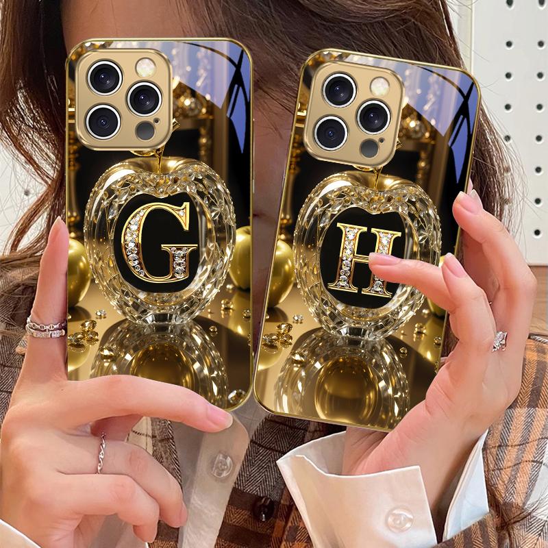 High end golden letter 'F' For IPhone 16 17Pro Max 15 P ro 14 13 Plus 12 Mini 11Pro Max XR 16E 17 Air Golden glass phone case