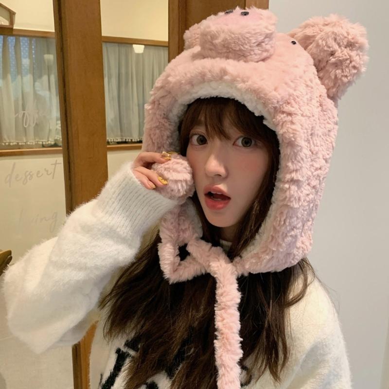 Furry Pig Ear Hat for Adult Teens Plush Earflap Hat for Shopping Skiing Windproof Beanies Hat for Cold Weather Headwear
