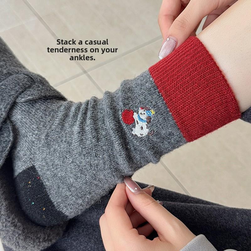 Children's Wool Socks for Autumn and Winter, Thick and Warm Cotton Socks, Cute Apple and Dog Cartoon Embroidered Cashmere Puff Socks