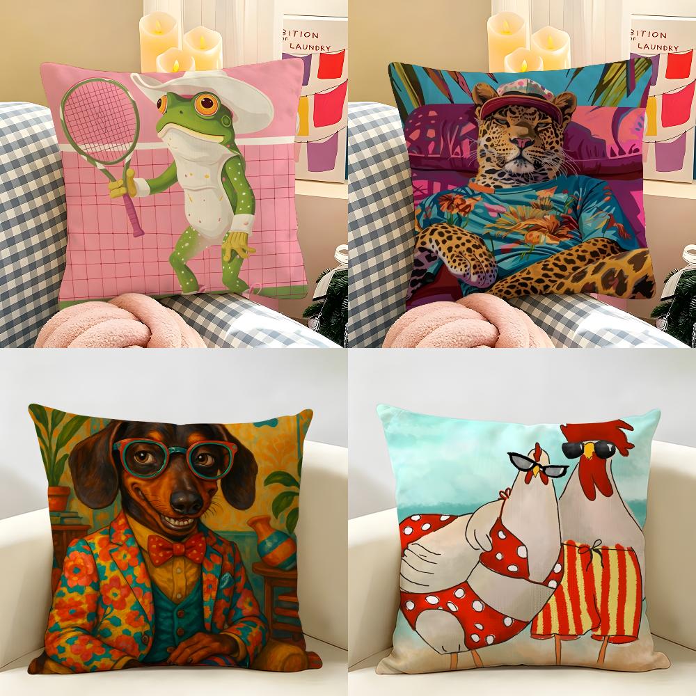 Funny Animal Friends Gift Design Cushion Cover Natural Linen Organic Fabric DoubleSided Printing Room Sofa Decor Pillow Case