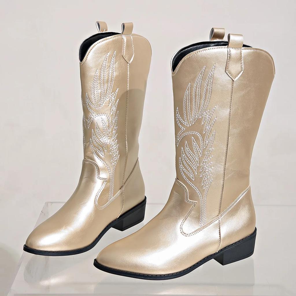 Fashion Gold Mid-calf Boots Women Silver Pointed Western Cowboy Boots Retro Fashion Black Boot Plus Size 36-43 WomenBoots 2025